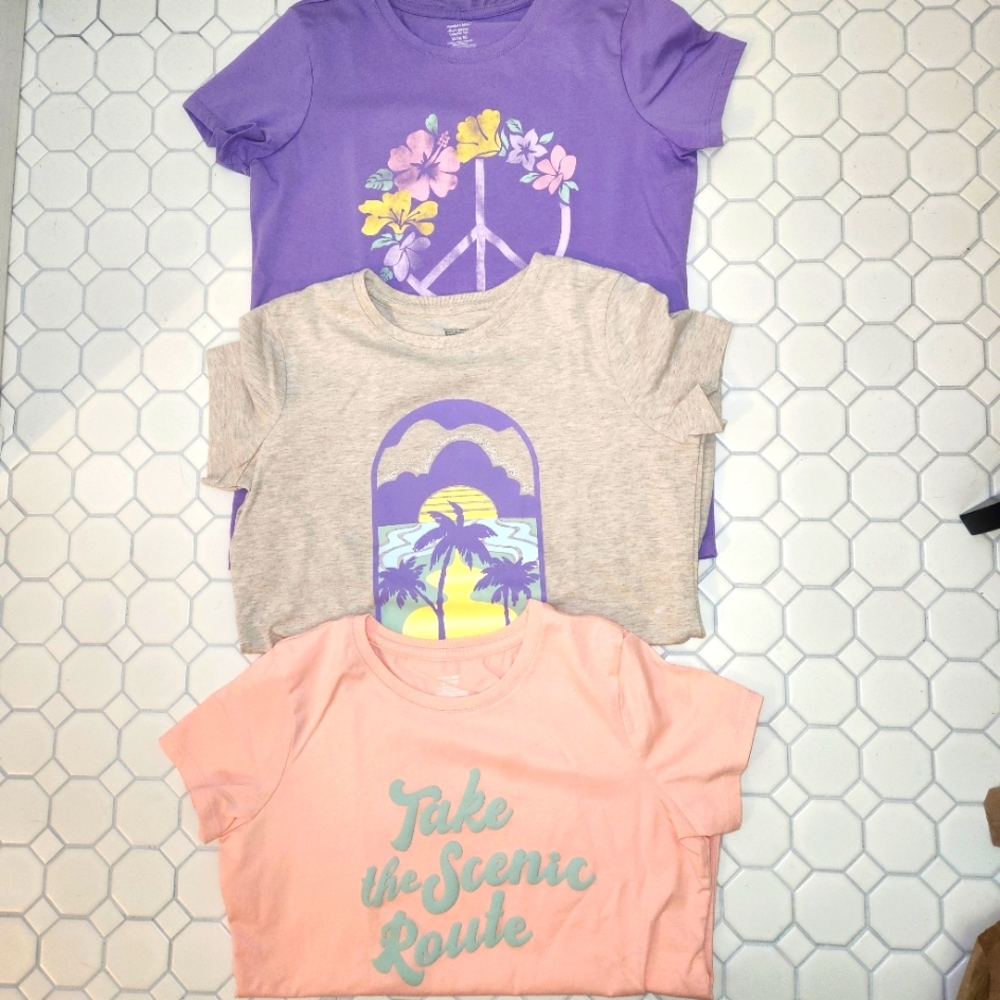Set of Three Graphic T-Shirts - Purple, Heather and Peach